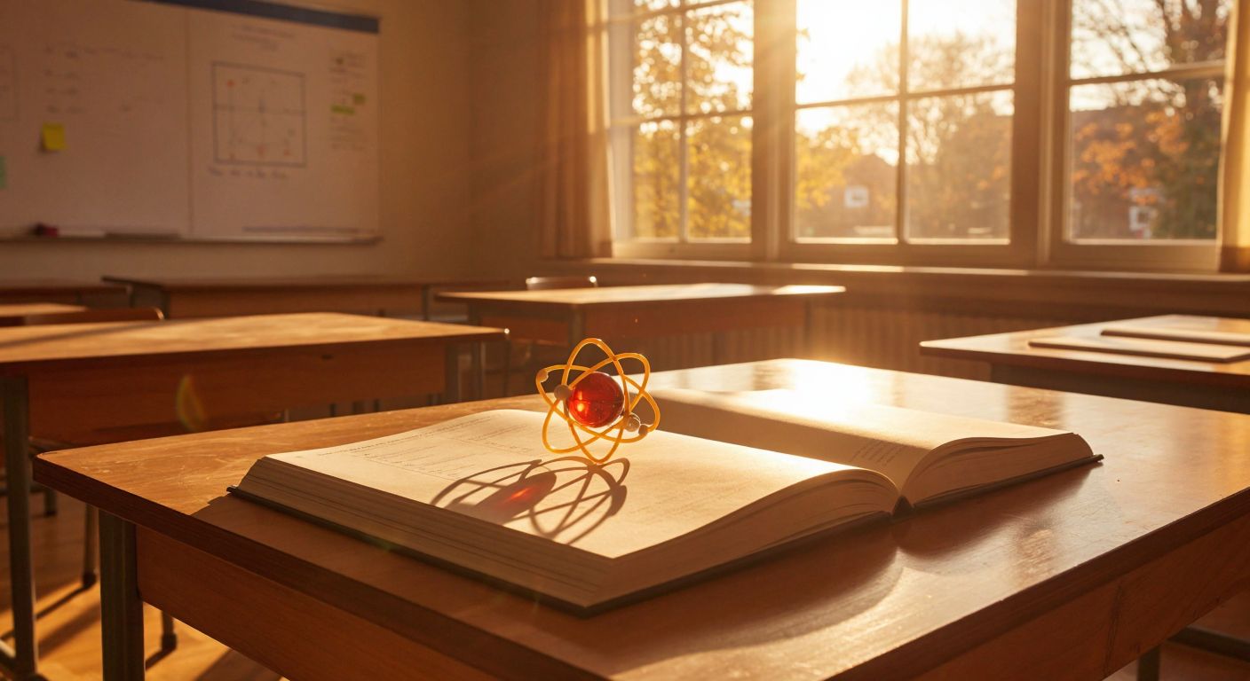 A wooden classroom desk with an open chemistry textbook showing Dalton's atomic model on one page and a modern atomic structure with electrons orbiting a nucleus on the opposite page, under warm sunlight filtering through a window.