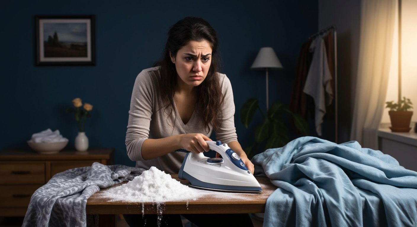 A frustrated Turkish woman in a cozy home setting frowns at a steaming iron with a clogged nozzle, surrounded by wrinkled clothes and a pile of white limescale flakes on the ironing board.