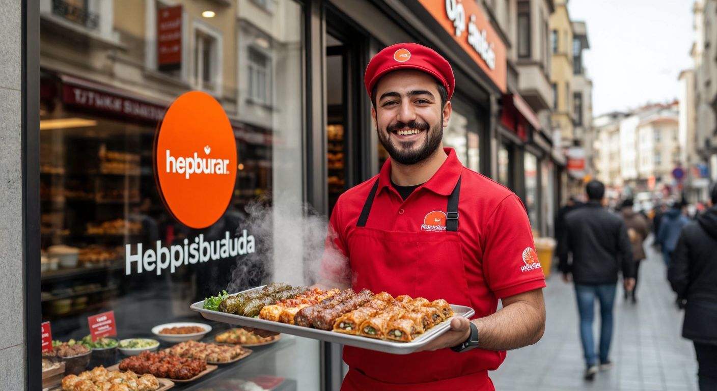 A smiling Turkish delivery person in a red uniform holds a steaming tray of kebabs and baklava, standing in front of a bustling Istanbul street with the Hepsiburada logo subtly reflected in a shop window.