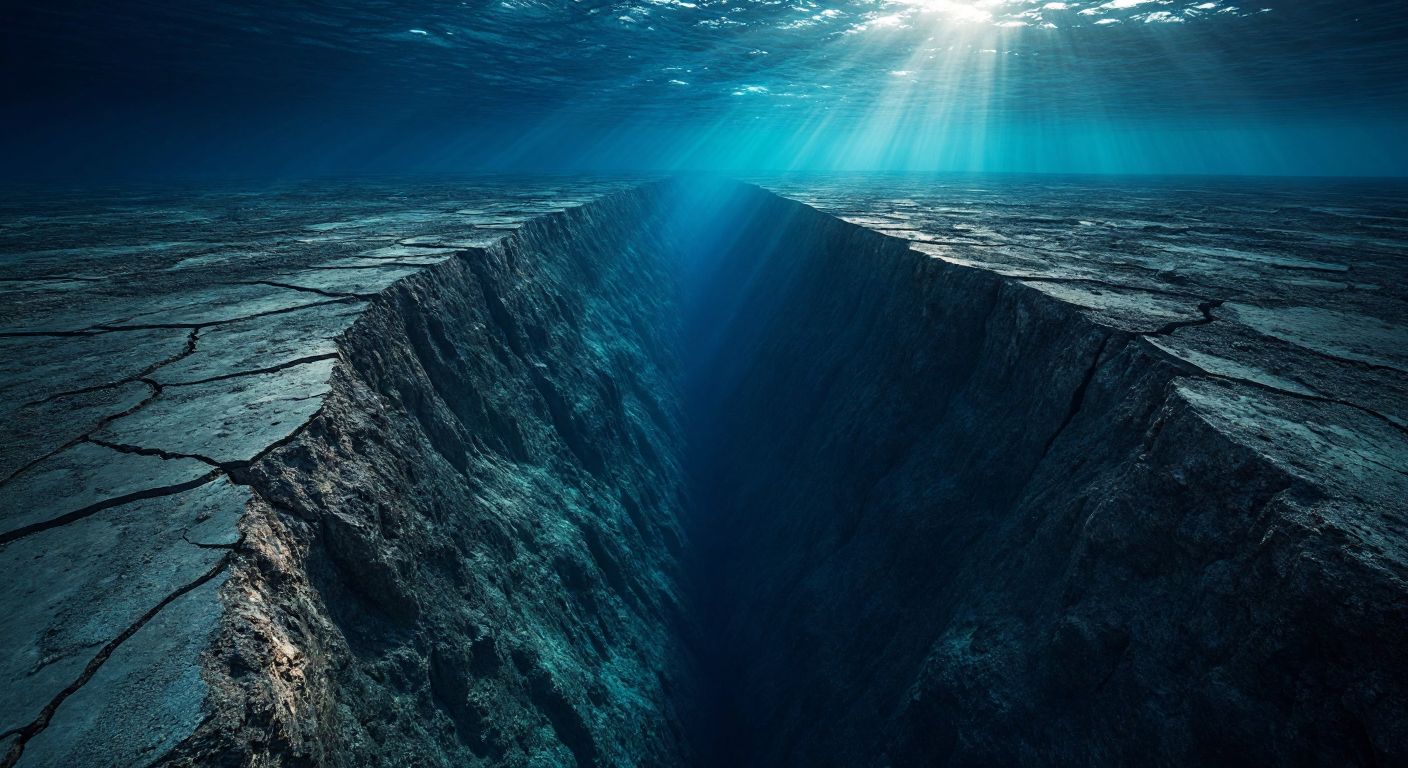 A dramatic underwater scene near Bodrum, where the African Plate forcefully collides beneath the Anatolian Plate, creating visible tension in the seabed with cracks and shifting rock formations, while a distant fault line glows ominously.