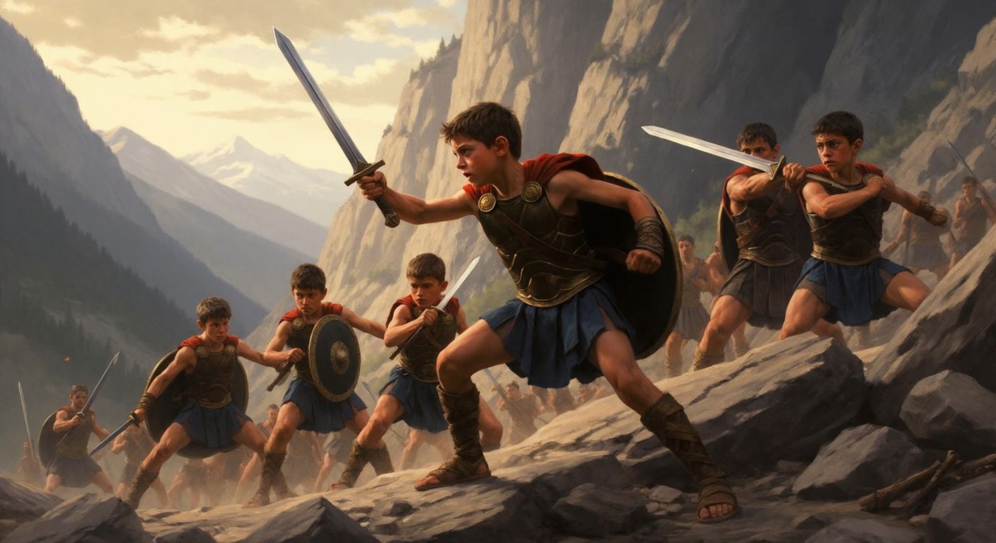 A group of young Spartan boys training with wooden swords on a rugged mountainside, their faces determined and bodies lean from rigorous exercise, while older warriors watch sternly in the background.