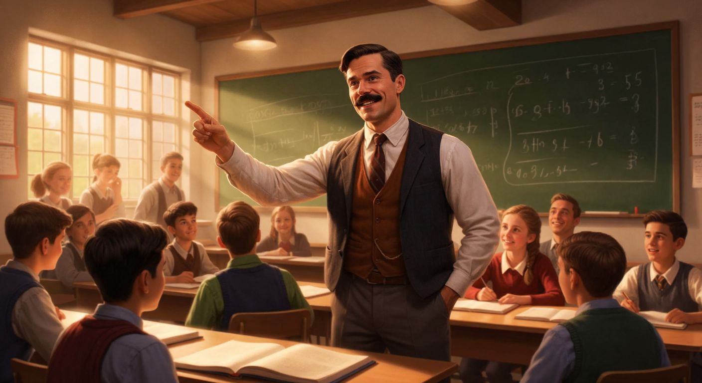 A mustachioed man in a classroom setting enthusiastically pointing at a chalkboard covered in simple math equations, surrounded by eager students with notebooks, under warm lighting that evokes a focused yet welcoming atmosphere.