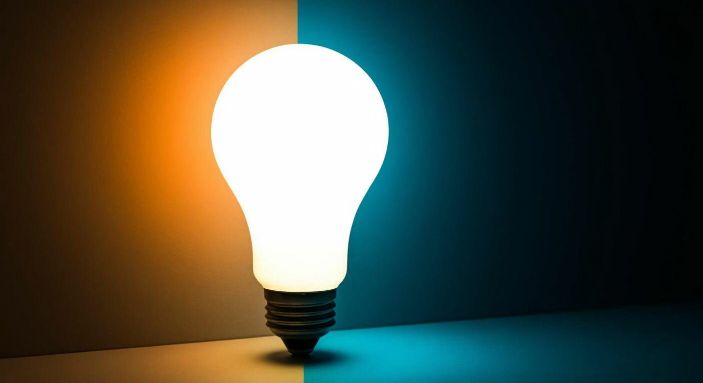 A glowing light bulb transitions from warm amber to cool blue hues, symbolizing Kelvin's measurement of color temperature, set against a simple dark background.