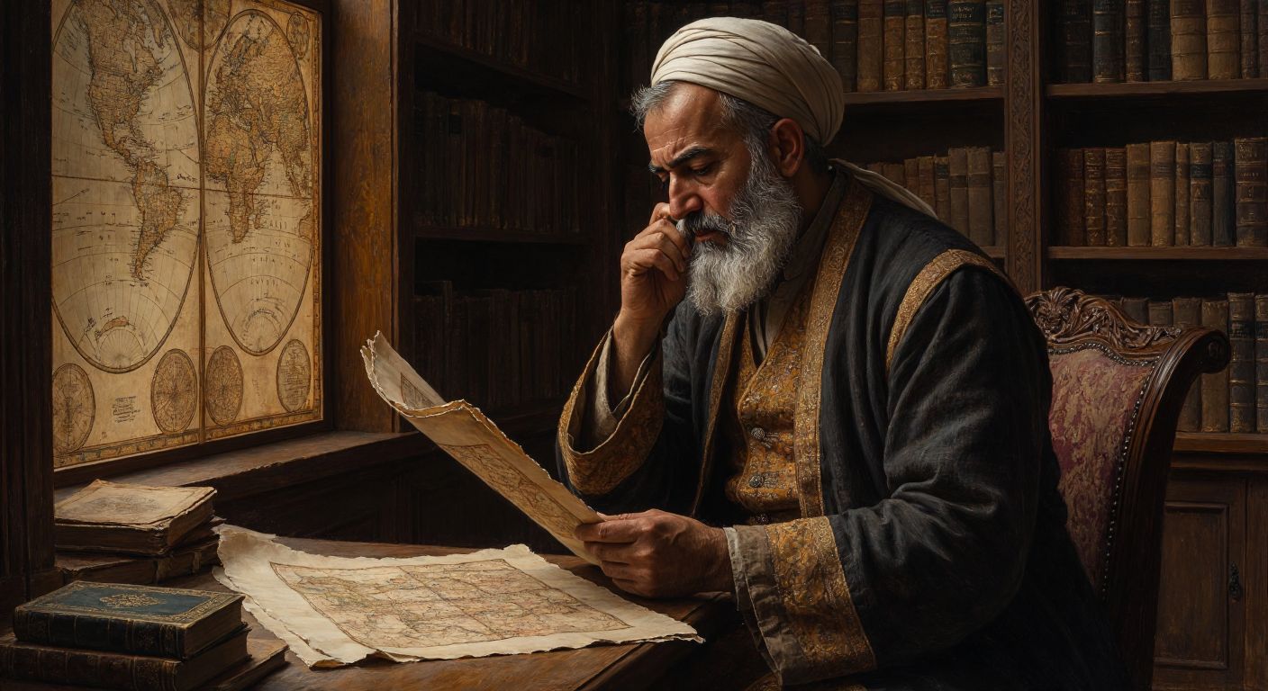 An elderly Turkish scholar in a dimly lit library, surrounded by ancient manuscripts and maps, thoughtfully stroking his beard while examining a faded parchment.