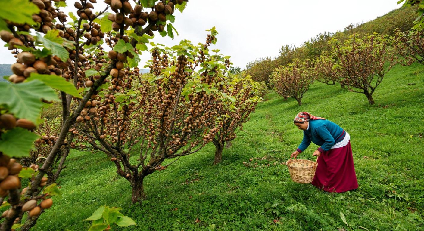 A lush green hillside in Turkey's Black Sea region, dotted with vibrant hazelnut trees bearing clusters of golden-brown nuts, with a farmer in traditional local attire carefully harvesting them into a woven basket.