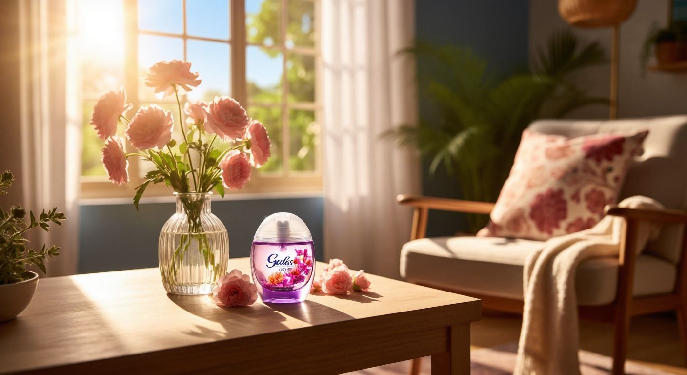 A small, translucent Glade capsule sits on a wooden table in a sunlit Turkish living room, surrounded by fresh flowers and a cozy armchair, radiating a soft floral scent that fills the air.