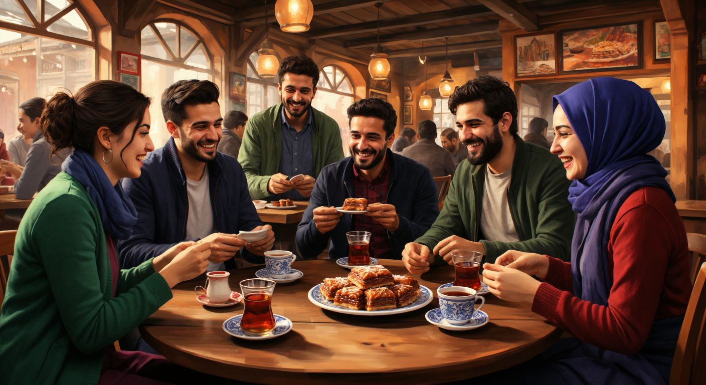 A group of diverse people in a cozy Turkish café, smiling and practicing language exchange over cups of steaming çay, with colorful language learning books and a traditional Turkish ceramic plate of baklava on the table.