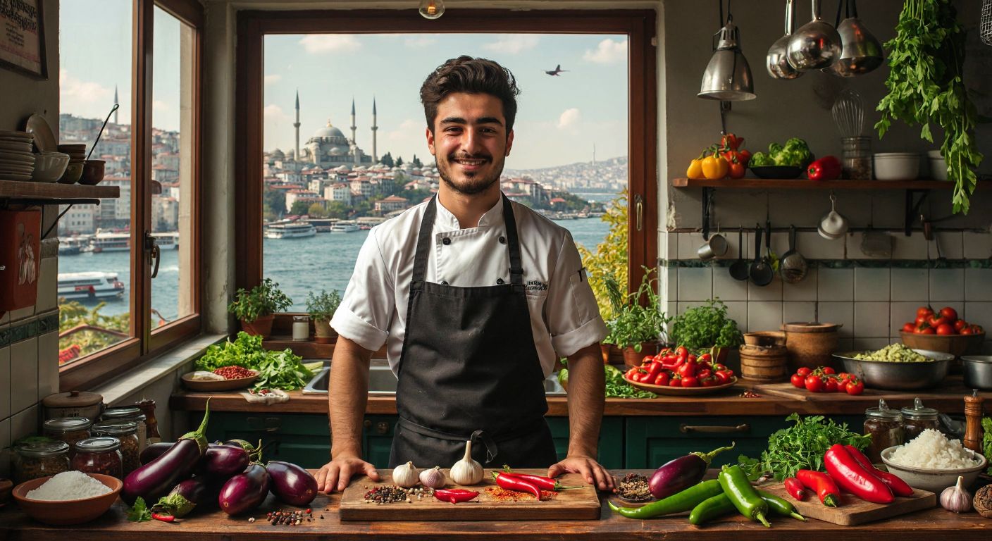 A young Turkish man with a confident smile, wearing a chef's apron, stands in a bustling Istanbul kitchen surrounded by fresh ingredients like eggplants, peppers, and spices, with the Bosphorus visible through a window.