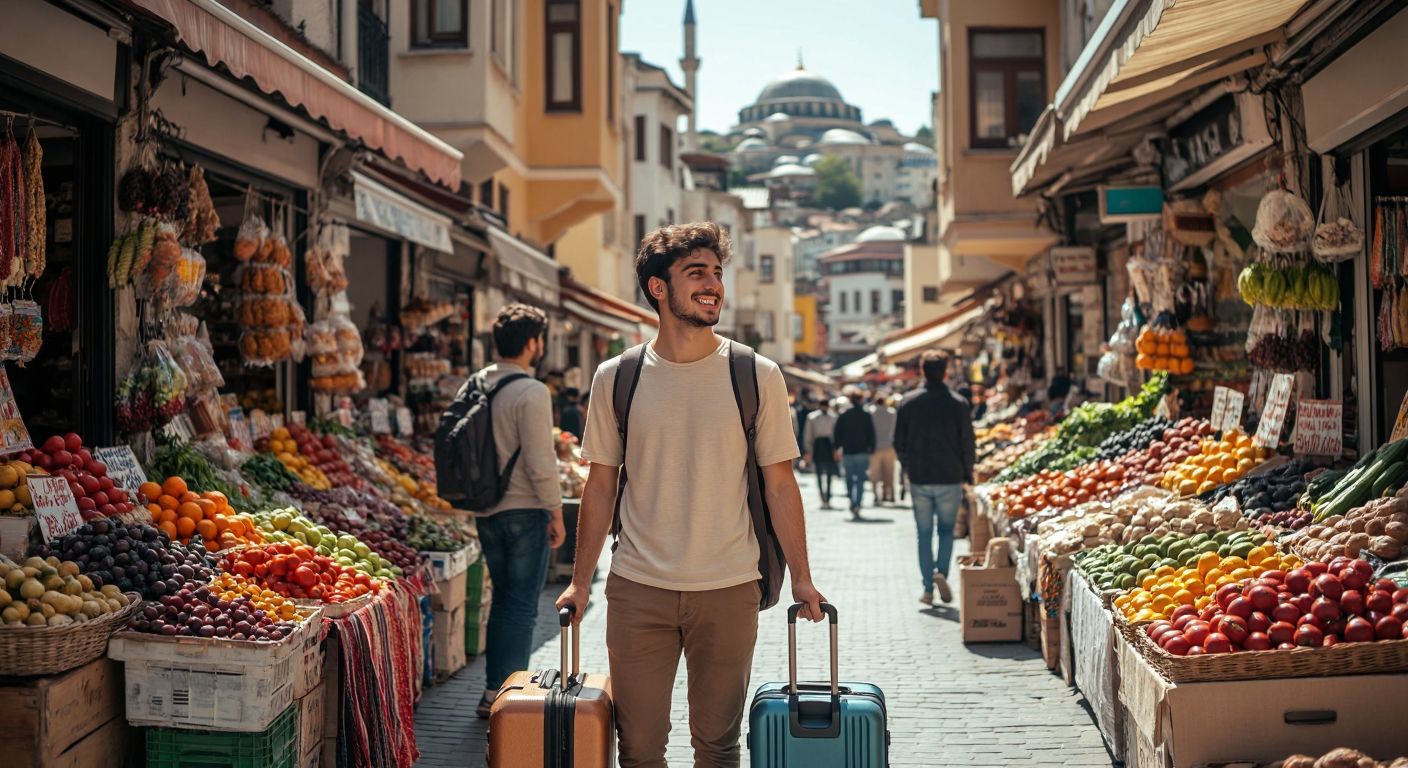 A young adult with a suitcase stands in a vibrant Turkish neighborhood, smiling while exploring a bustling local market, chatting with friendly vendors, and pointing at nearby landmarks.