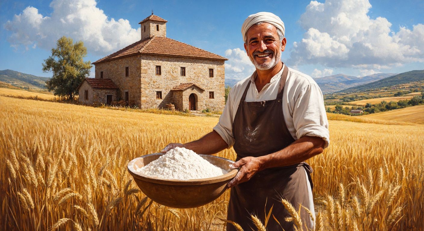 A rustic Turkish stone mill surrounded by golden wheat fields, with a smiling elderly miller in a traditional apron holding a sack of fresh flour, conveying warmth and trust in quality.