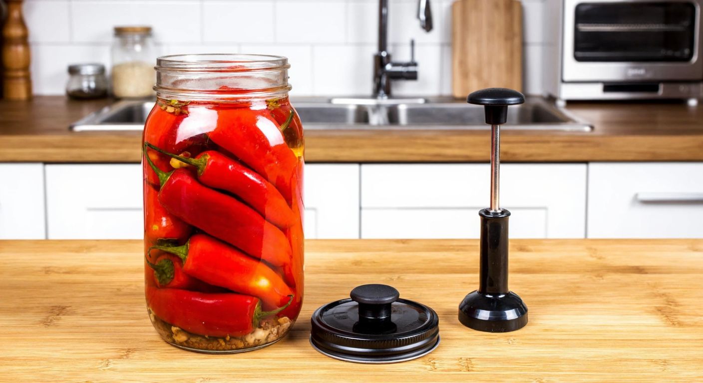 A rustic wooden kitchen counter in Turkey with a clear mason jar filled with vibrant red peppers, sealed tightly with a vacuum-sealed lid, next to a small manual vacuum pump.