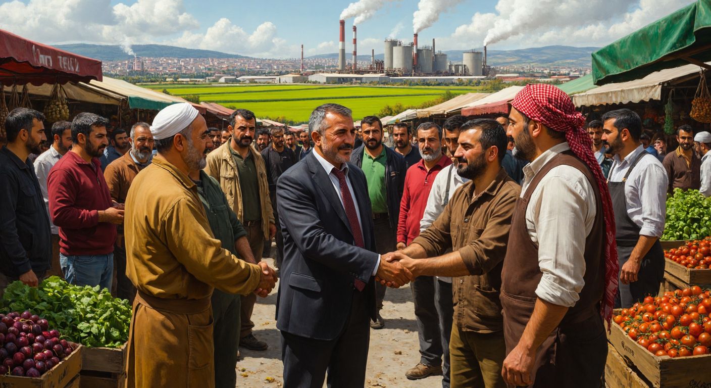 A diverse group of Turkish workers, farmers, and entrepreneurs stand together in a sunlit marketplace, shaking hands and exchanging goods, with a government official in the background overseeing the bustling scene while a green field and factory smokestacks blend harmoniously in the distance.