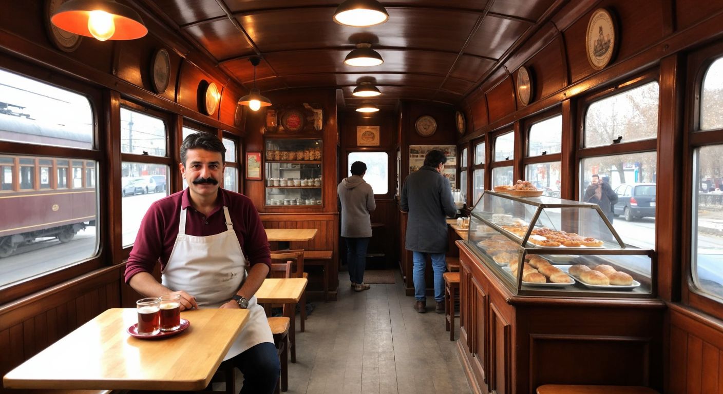 A cozy vintage train carriage converted into a café, with warm lighting, wooden tables, and steaming cups of Turkish tea, where a friendly middle-aged man in a casual apron (Olcay) serves customers in Kadıköy, while in Denizli, a similar scene features a mustachioed owner (Osman) arranging fresh pastries, and in Afyonkarahisar, a group of educators and officials chat near a rustic counter under a framed city emblem.