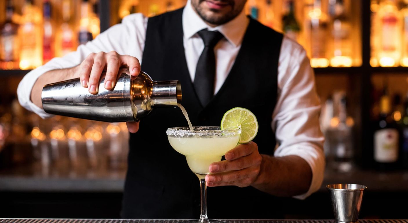 A bartender in a crisp white shirt and black vest meticulously shakes a stainless steel cocktail shaker, garnishing a frosty margarita glass with a lime wedge and salt rim, under warm ambient lighting in an upscale Turkish bar.