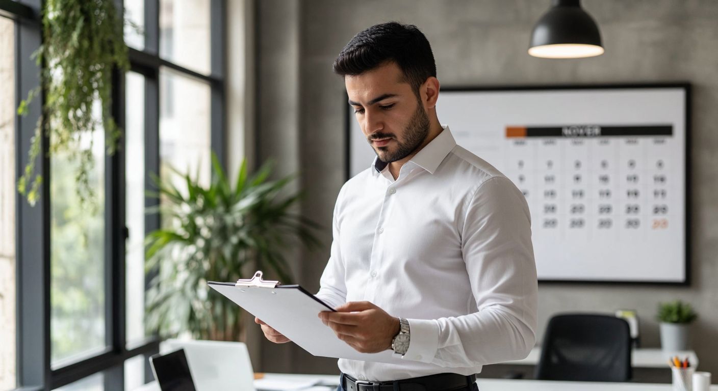 A professional Turkish office worker in a crisp white shirt reviews a checklist while standing in a well-lit modern office with a calendar on the wall showing November.