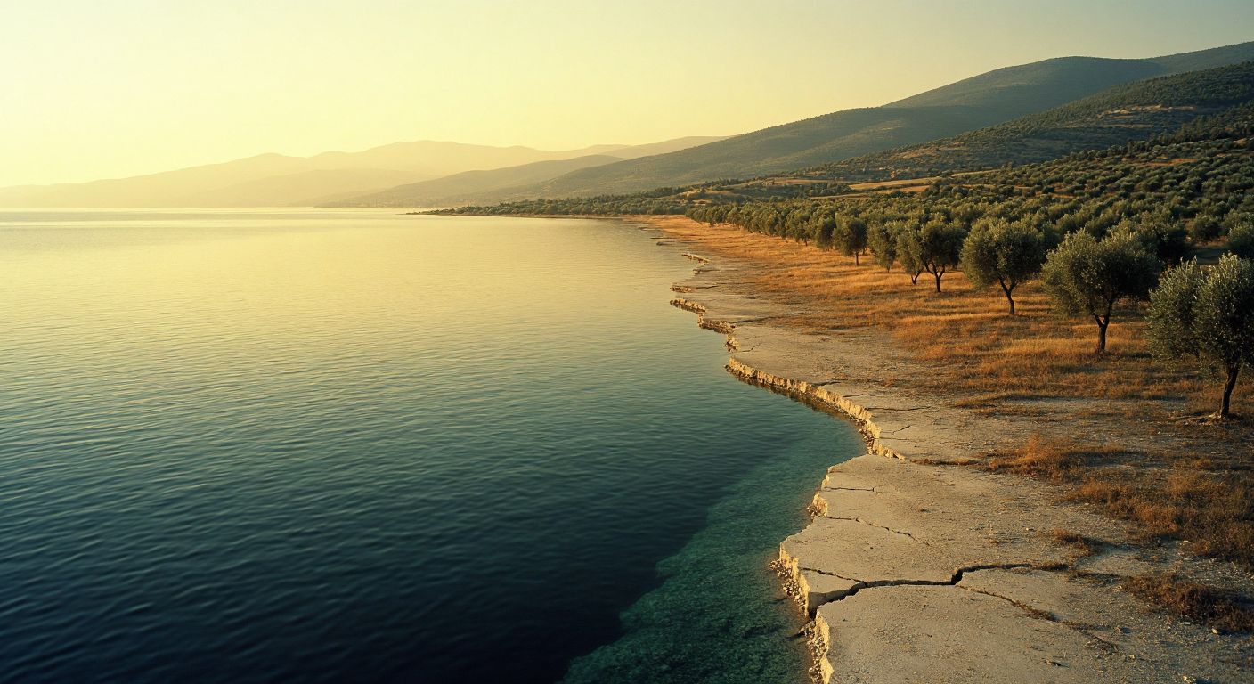 A serene Aegean Sea with a faint, jagged crack beneath the surface, symbolizing the Western Anatolian Fault Line, while a distant Turkish coastline with olive trees basks in golden sunlight.