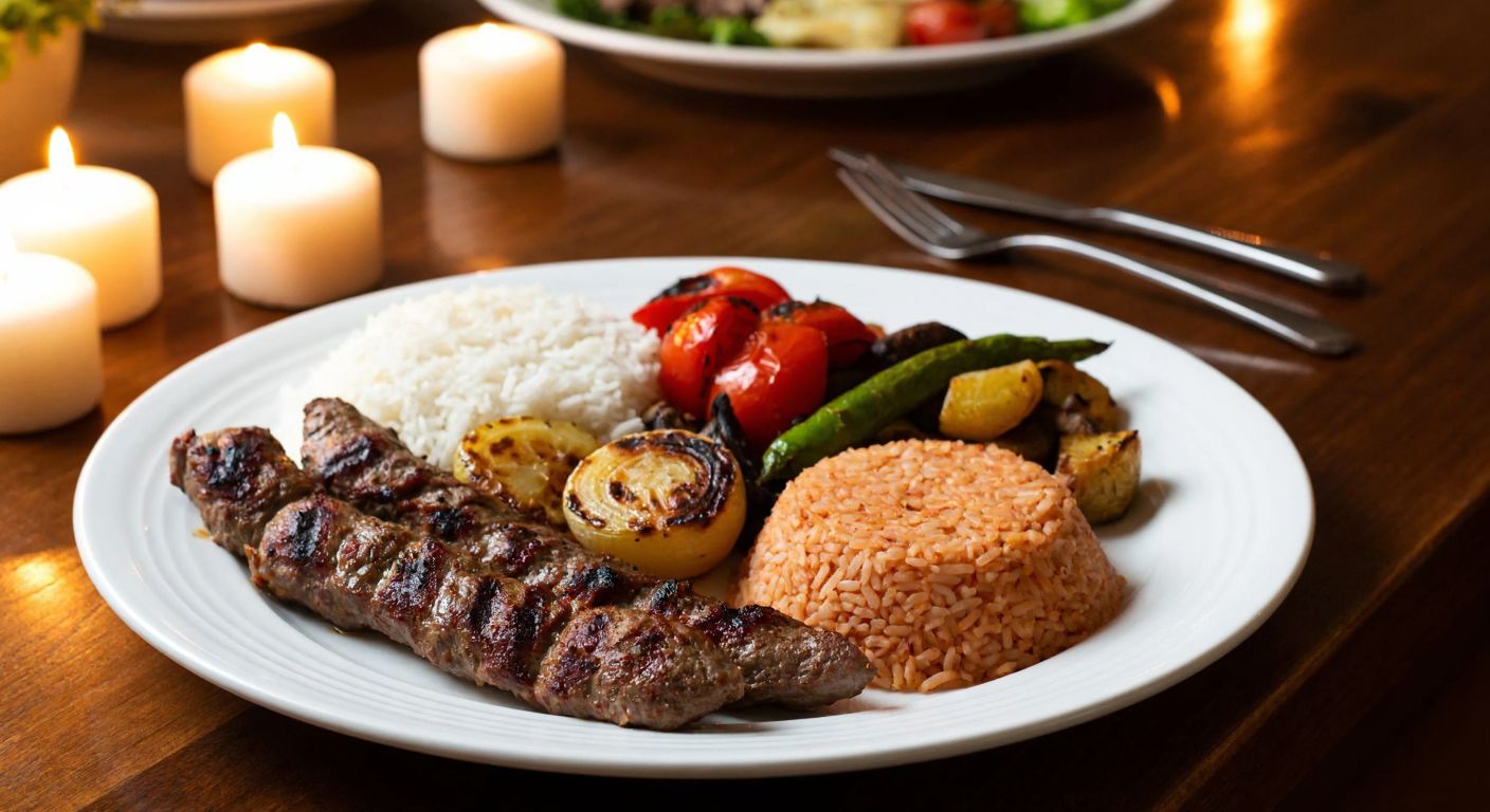 A warm, inviting plate of Turkish dinner with grilled meat, rice, and roasted vegetables, placed on a wooden table with soft candlelight, evoking a cozy home-cooked meal.