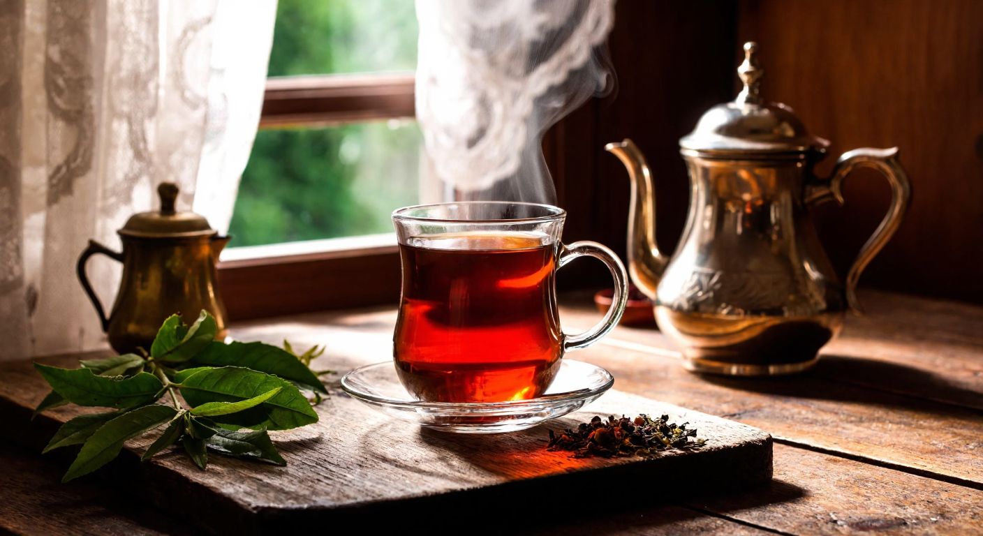 A steaming glass of deep amber Kaçkar tea sits on a rustic wooden table in a cozy Turkish kitchen, surrounded by fresh tea leaves and a traditional çaydanlık, with warm sunlight filtering through lace curtains.
