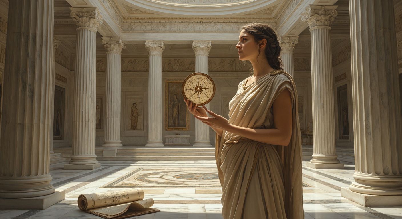 A serene, wise-looking woman in ancient Greek robes stands in a sunlit marble courtyard, holding an astrolabe while gazing thoughtfully at the stars, surrounded by scrolls and geometric diagrams.