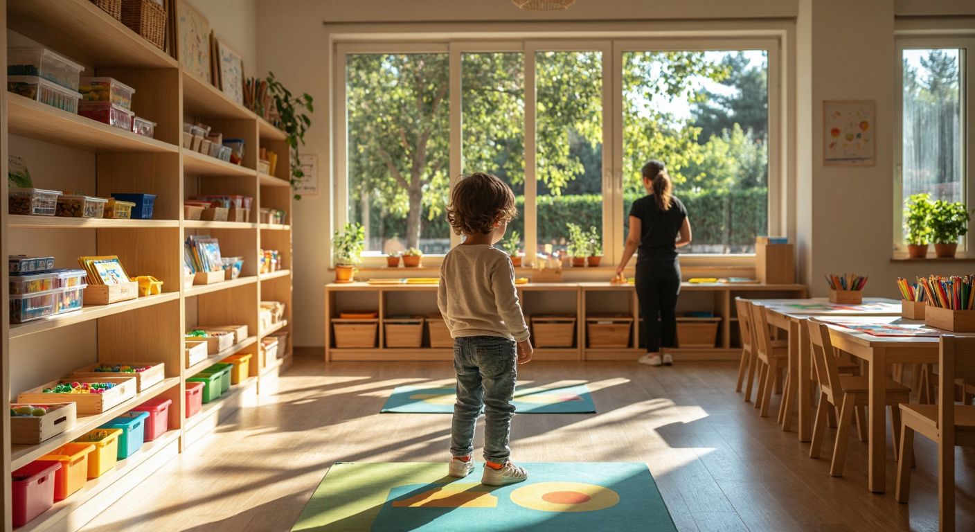 A sunlit Montessori classroom in Turkey with wooden shelves of colorful learning materials, where a young child in casual clothing confidently chooses an activity while a teacher observes warmly from a distance.