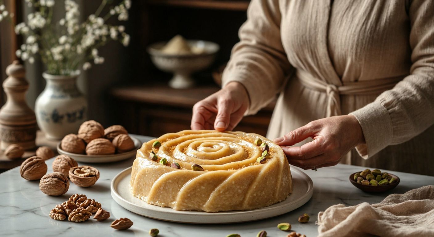 A warm, golden swirl of çekme helva being stretched by hands on a marble countertop, surrounded by walnuts and pistachios, with a smiling elderly Turkish woman in the background offering a small plate of the dessert.