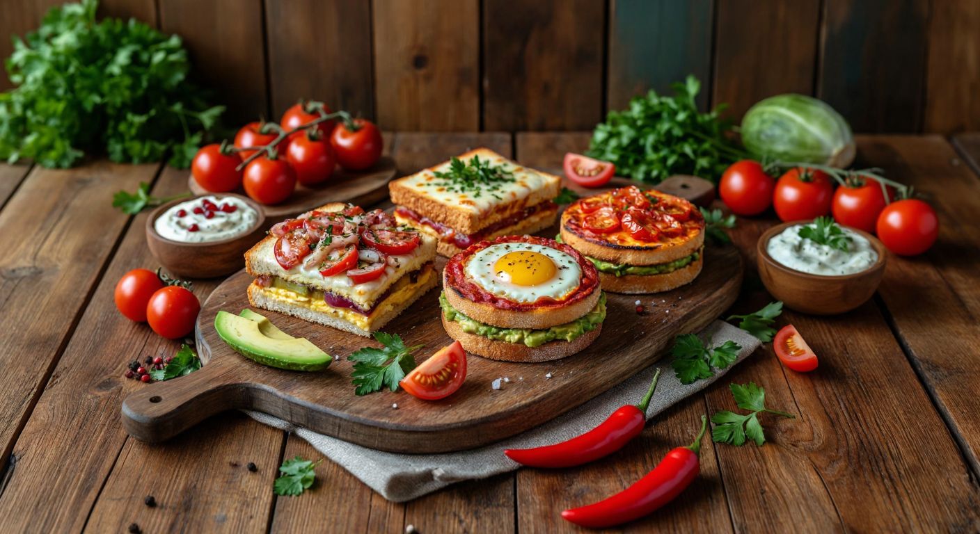 A rustic wooden table in a Turkish kitchen holds a spread of creative dishes made from toasted bread: a layered cake with cream and fruit, a mini pizza topped with melted cheese and peppers, a colorful sandwich with avocado and herbs, and a golden-brown egg-topped toast, all surrounded by fresh ingredients like tomatoes, peppers, and parsley.