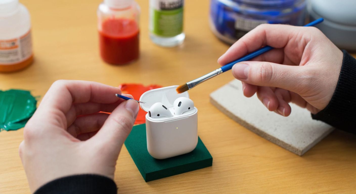 A close-up of a person’s hands carefully painting white AirPods with a small brush, surrounded by colorful acrylic paints, a sanding block, and a clear protective spray on a wooden table in a well-lit Turkish home.