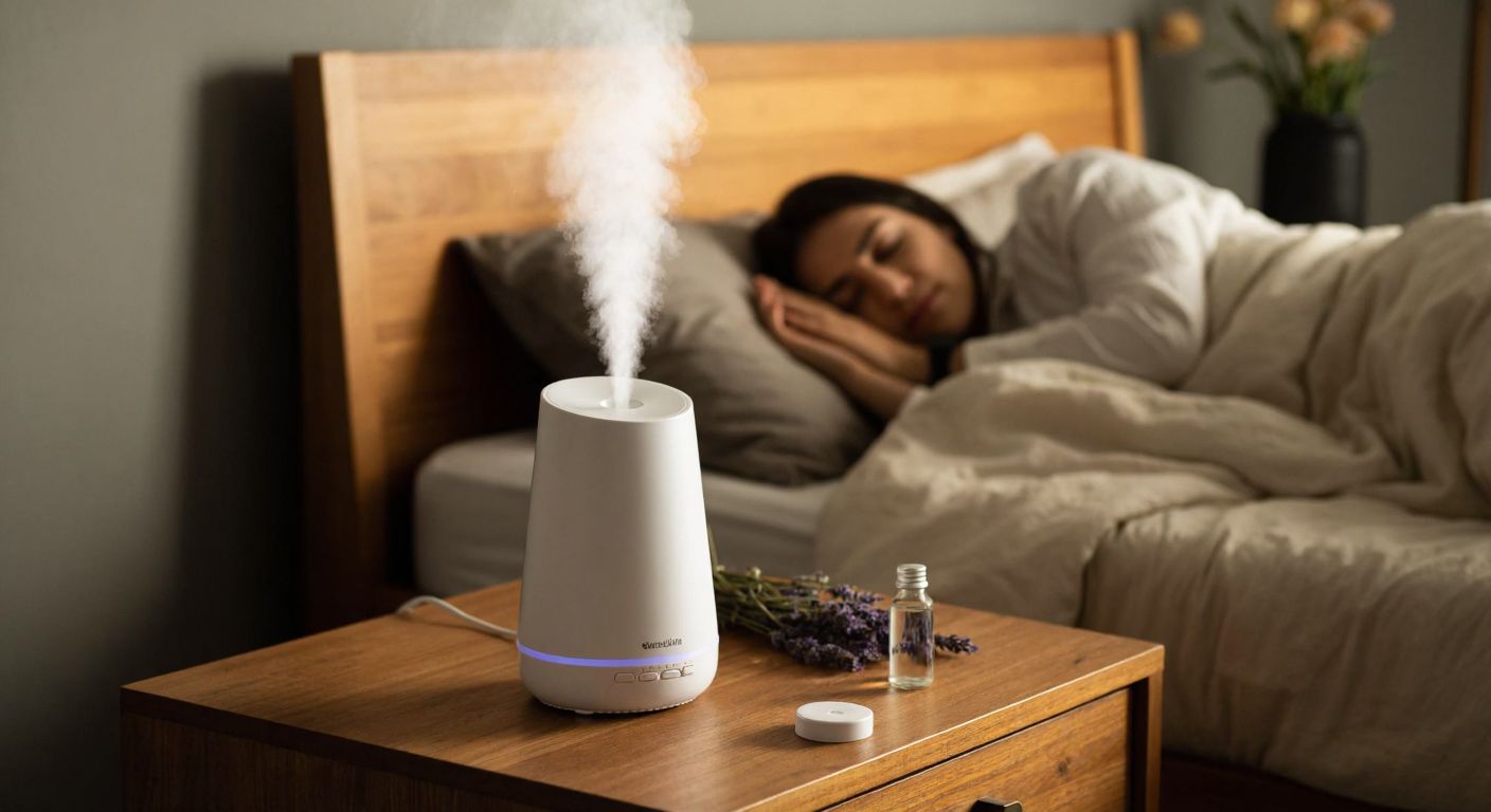A sleek white humidifier with dual mist nozzles sits on a wooden nightstand in a cozy Turkish bedroom, releasing a gentle mist while a person sleeps peacefully under a thick quilt, with a small bottle of lavender oil nearby.