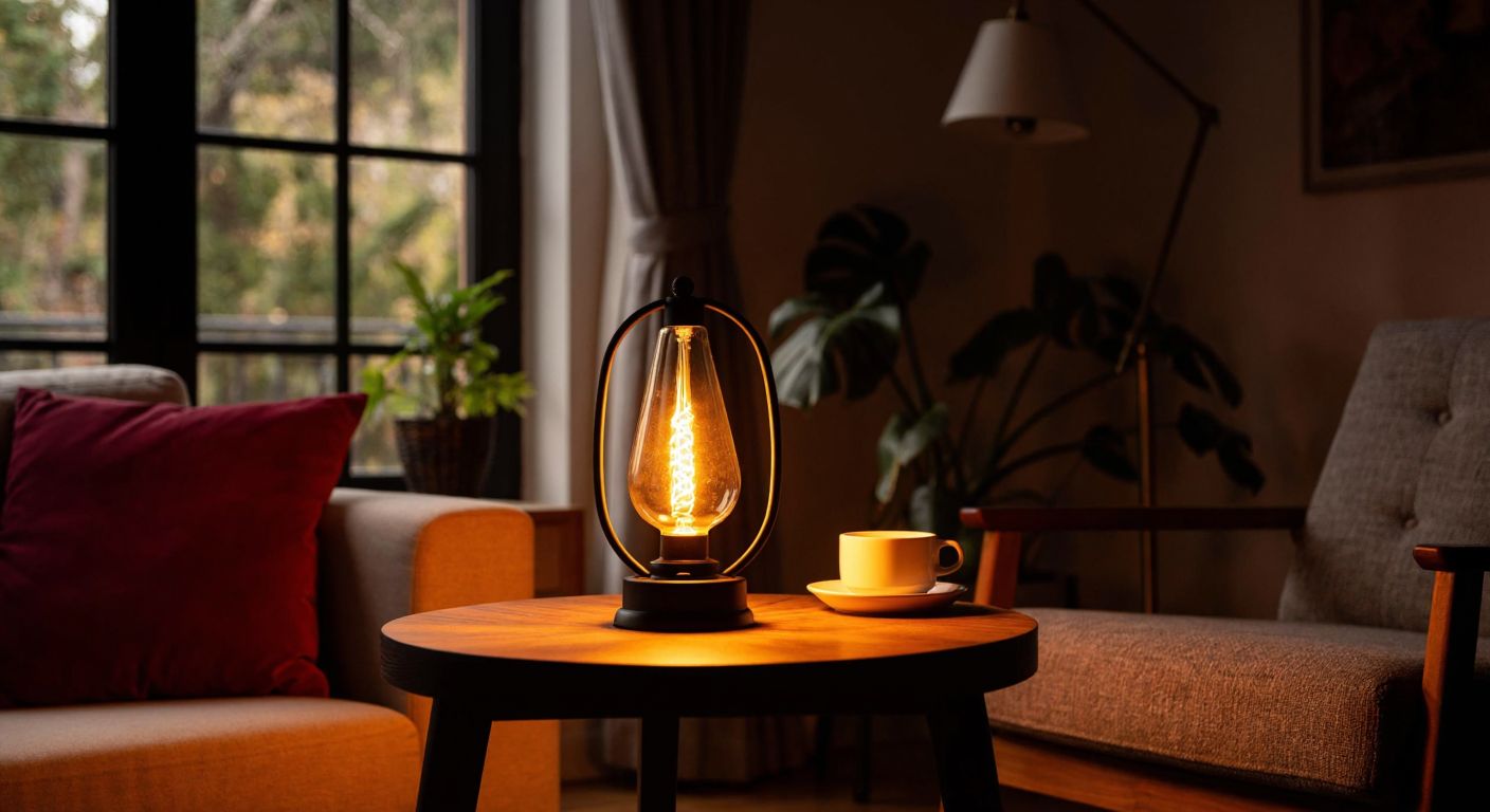 A cozy Turkish living room with warm filament lamps casting a golden glow on a wooden table, while a sleek LED lamp illuminates a reading nook, and a soft red nightlight glows near a plush armchair.