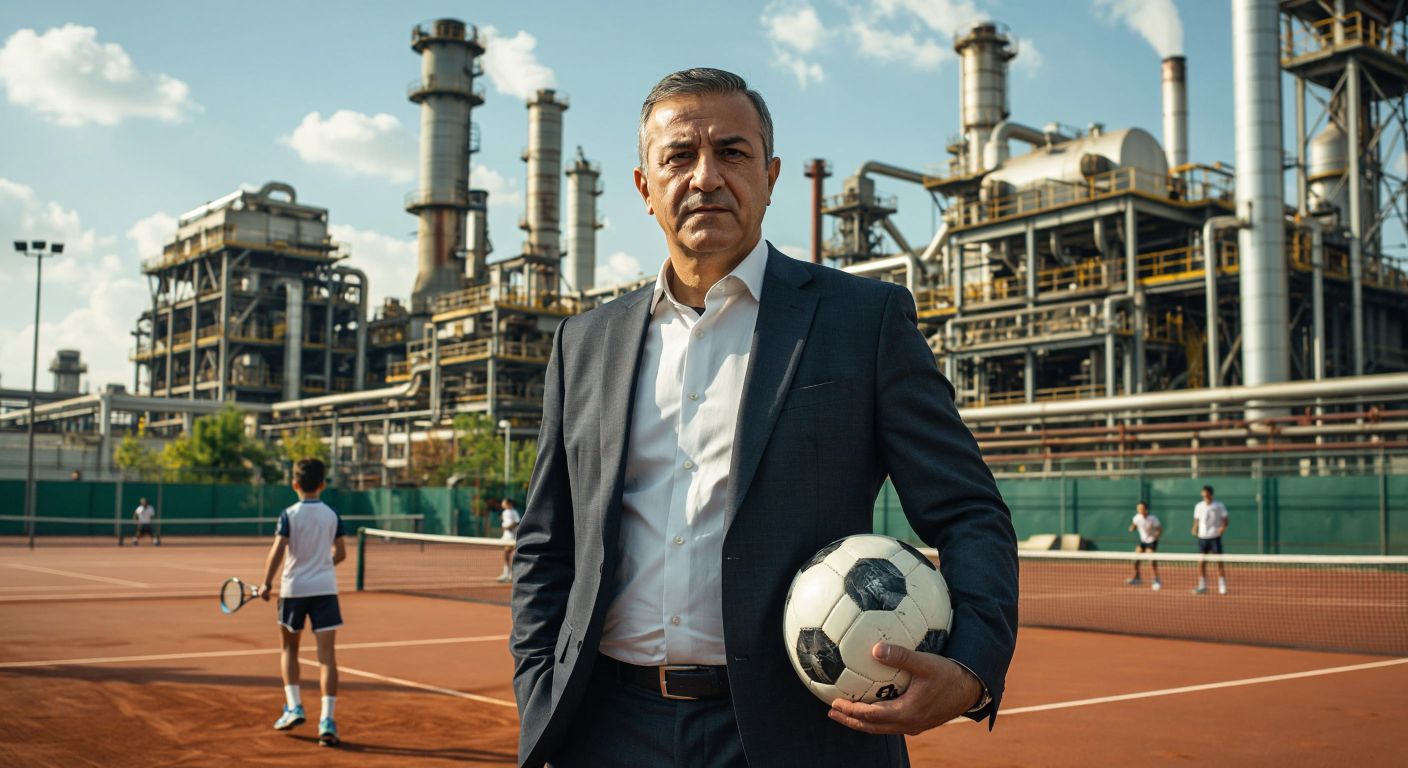 A middle-aged Turkish man in a sharp suit stands confidently in front of a bustling industrial factory, holding a soccer ball in one hand while young athletes practice tennis in the background under a bright sun.