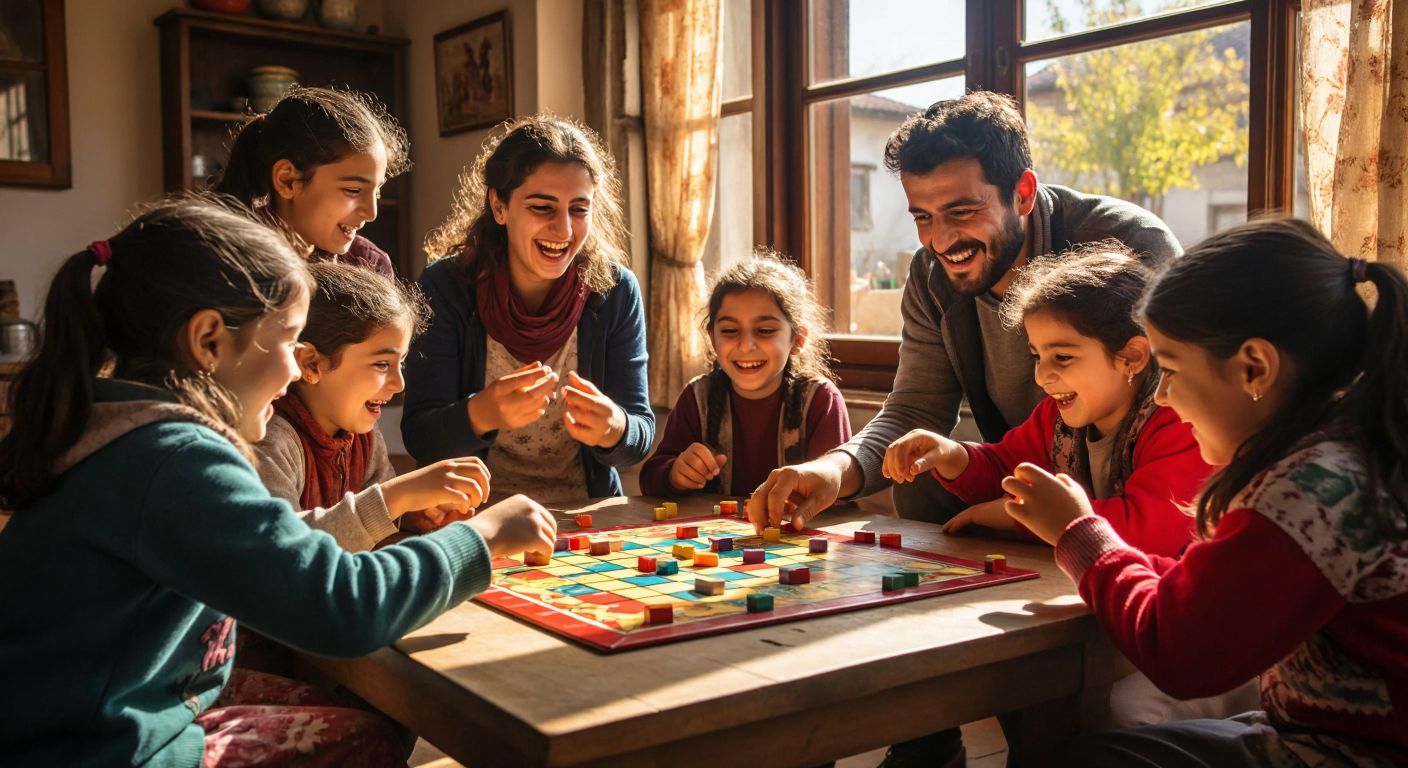 A group of smiling Turkish children and adults gathered around a wooden table, intensely focused on a colorful board game with numbered tiles, their hands gesturing excitedly as sunlight streams through a nearby window.