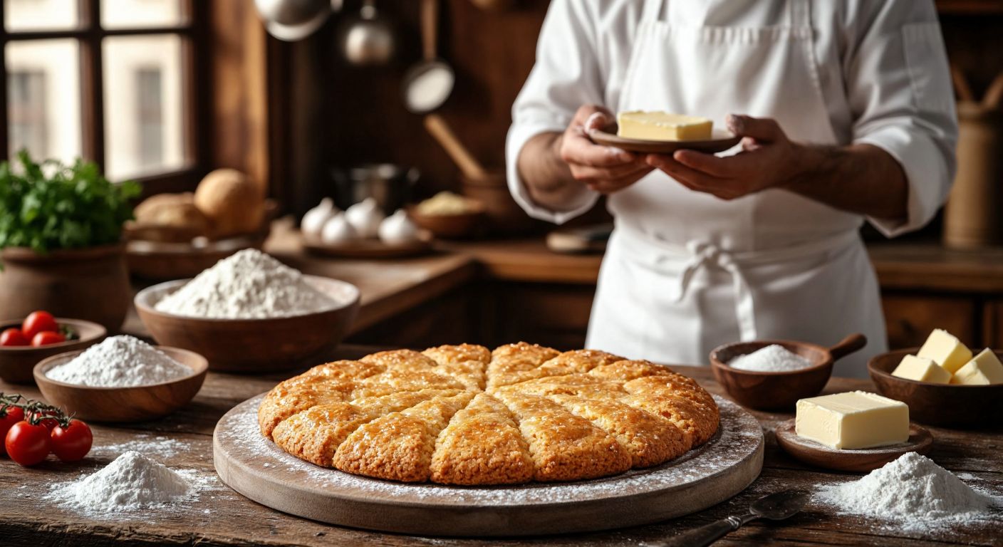 A golden-brown, perfectly spread cookie with a crisp exterior and soft interior sits on a rustic wooden table in a Turkish kitchen, surrounded by fresh ingredients like butter, sugar, and flour, while a chef in a white apron examines its texture with a satisfied smile.