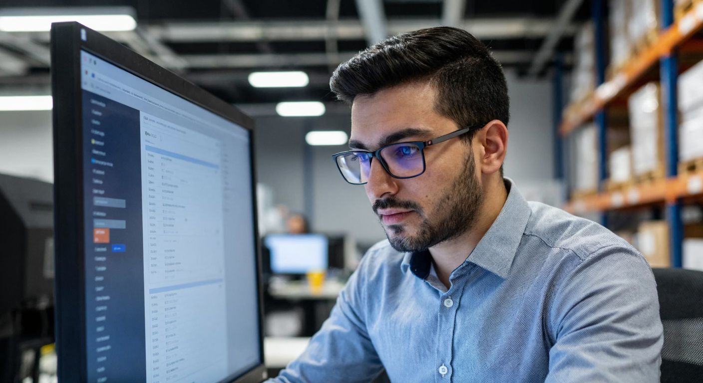 A focused Turkish office worker in a modern business setting, wearing glasses and a collared shirt, carefully navigating a computer screen displaying Netsis software with a warehouse inventory interface in the background.