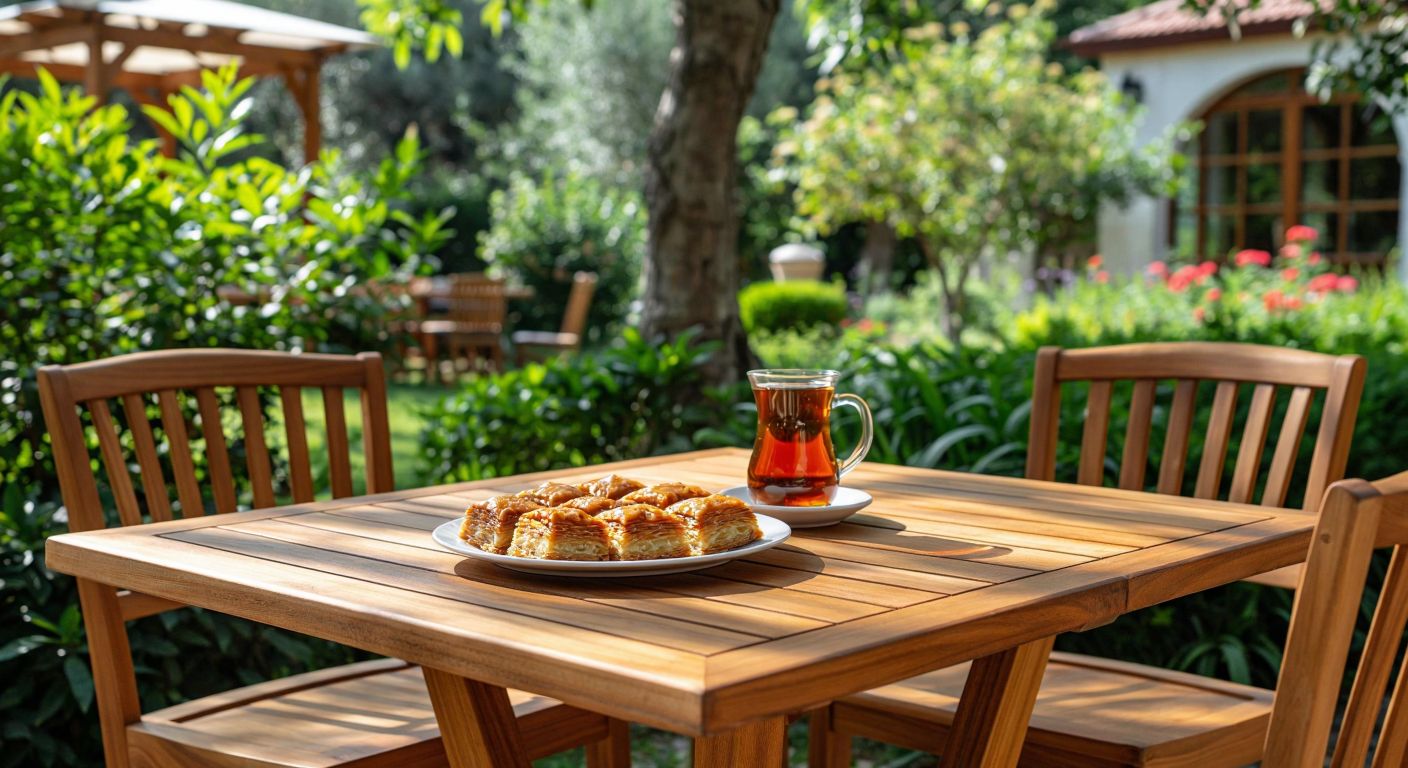 A sturdy **iroko wood dining table** set in a sunny Turkish garden, surrounded by lush greenery, with a glass of çay and a plate of baklava placed on its smooth, polished surface.