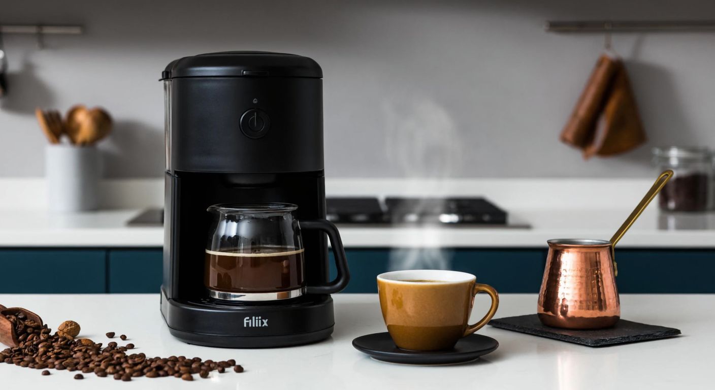 A sleek, modern Felix coffee machine in matte black sits on a Turkish kitchen counter, surrounded by aromatic Turkish coffee grounds and a small copper cezve, with warm steam rising from a freshly brewed cup.