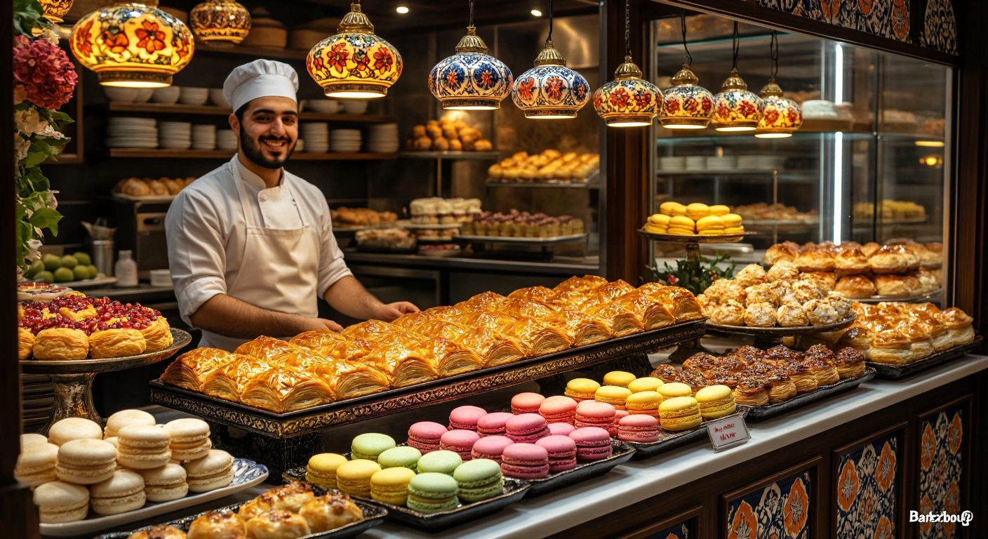 A vibrant Turkish bakery display with golden baklava, flaky börek, and colorful macarons under warm lighting, surrounded by traditional ceramic plates and a smiling baker in a white apron.