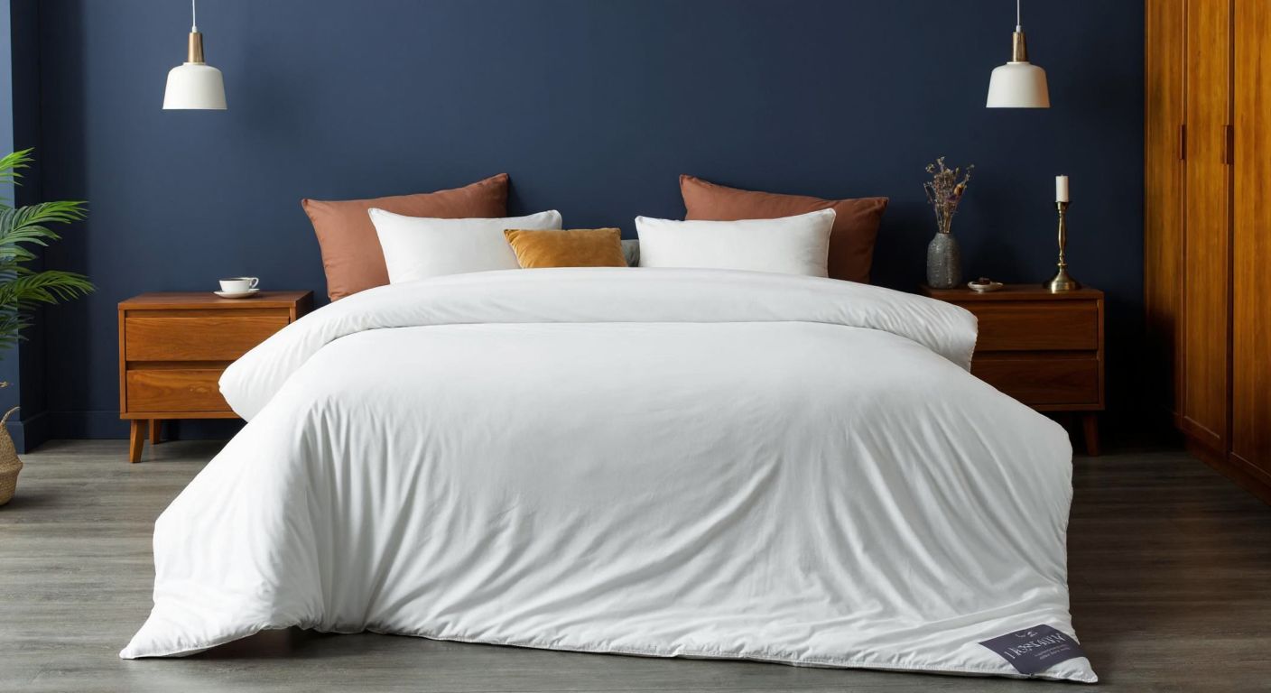 A neatly made double bed in a cozy Turkish bedroom with a fluffy white duvet slightly draped over the edges, surrounded by plush pillows and warm-toned wooden furniture.
