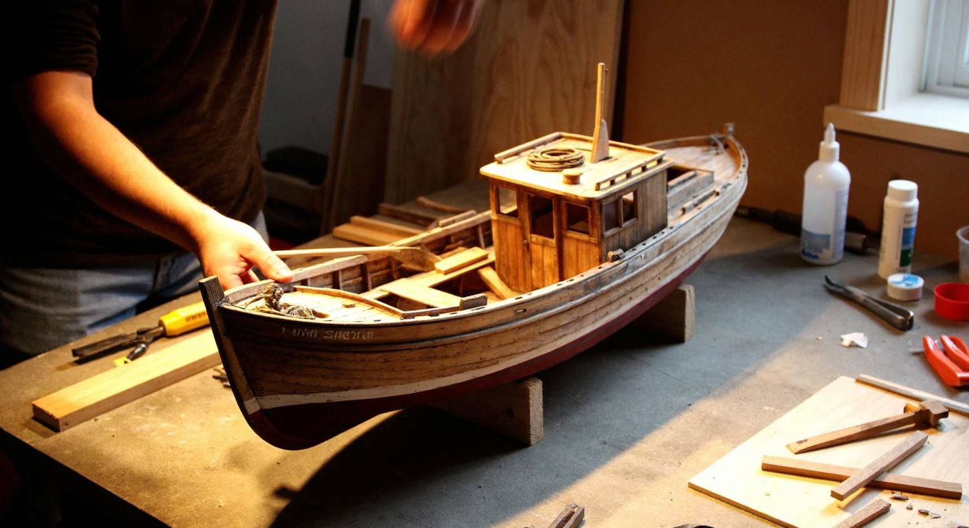 A weathered wooden fishing boat model rests on a rustic table, surrounded by scattered tools, glue, and small wooden planks, with a person’s hands carefully shaping the hull under warm indoor lighting.