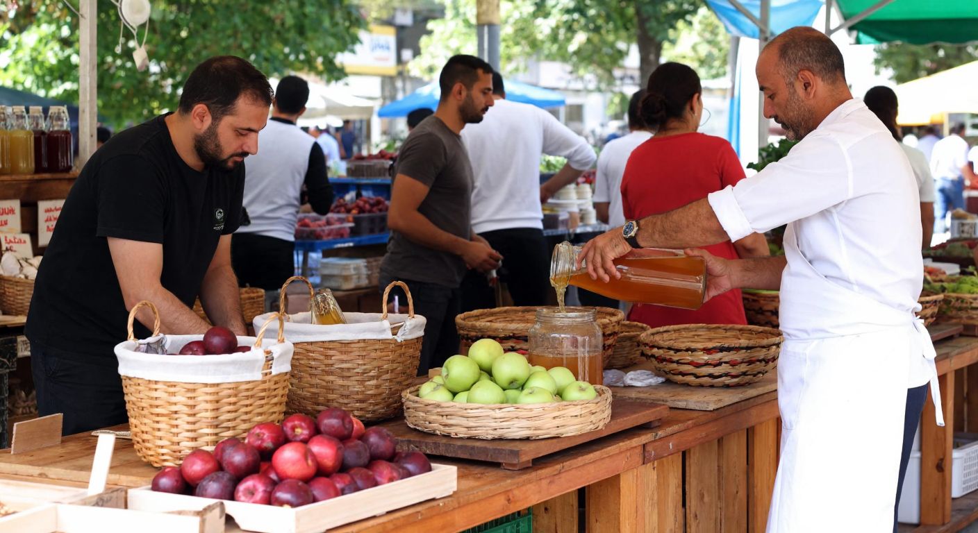 A bustling Turkish farmers' market with wooden stalls displaying amber-hued vinegar bottles, a vendor in a white apron pouring fresh apple vinegar into a glass jar, and customers holding woven baskets filled with fresh produce.