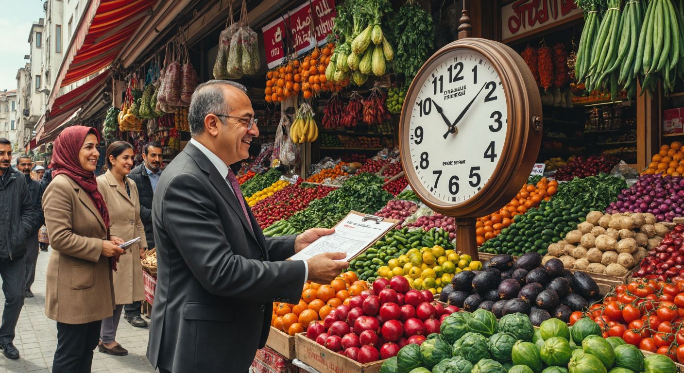 A Turkish central banker adjusting interest rates on a large dial while a government official hands out tax relief forms to smiling citizens in a bustling marketplace filled with fresh produce and vibrant textiles.