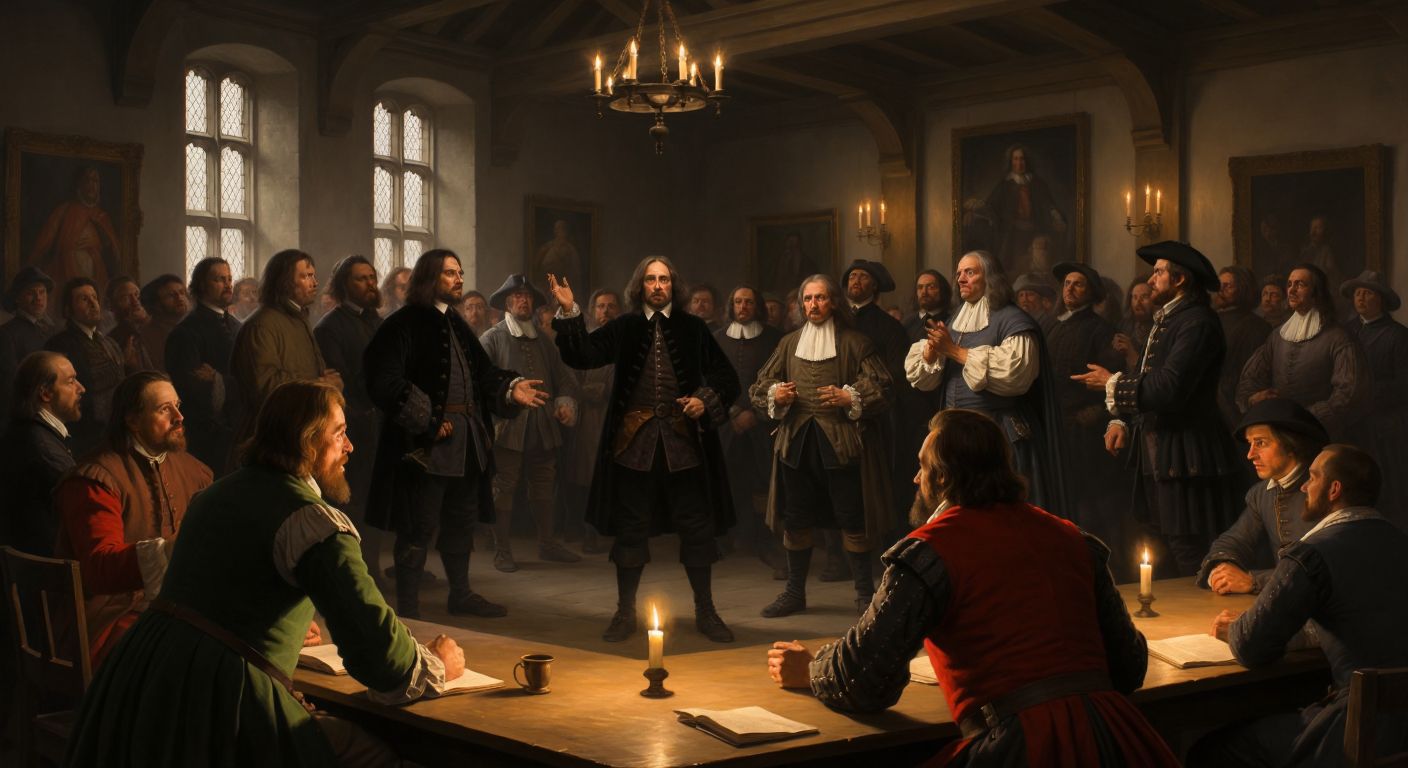 A dimly lit 17th-century English parliamentary hall with tense-faced men in period clothing, some in Puritan plain attire and others in royalist finery, engaged in a heated debate under flickering candlelight.