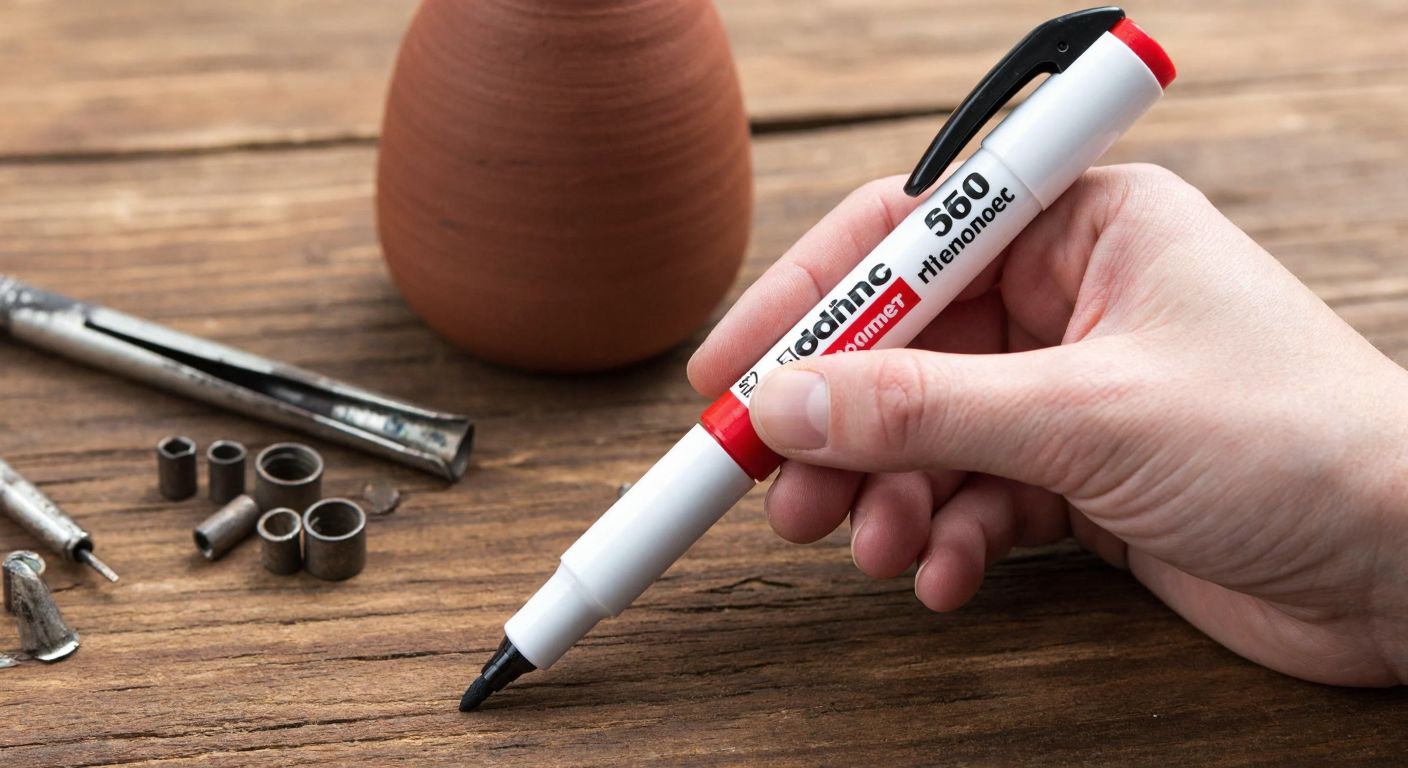 A close-up of a hand holding an **Edding 750 permanent marker** drawing bold, opaque lines on a rough wooden surface, with scattered metal scraps and a ceramic vase nearby, showcasing its versatility on different materials.