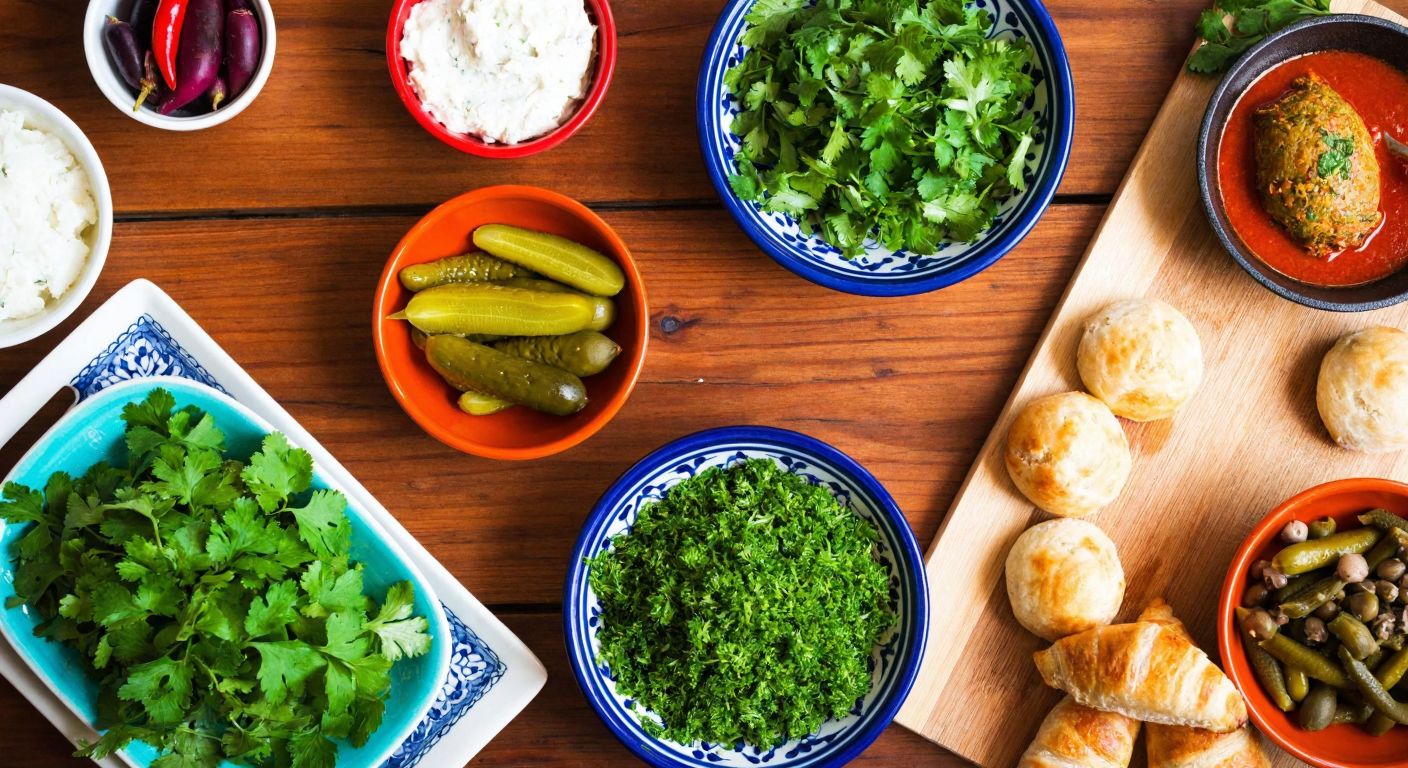A vibrant Turkish kitchen scene with a wooden table displaying fresh coriander (taze sini) scattered near colorful dishes like salads, pickles, and pastries, evoking a warm, aromatic atmosphere.