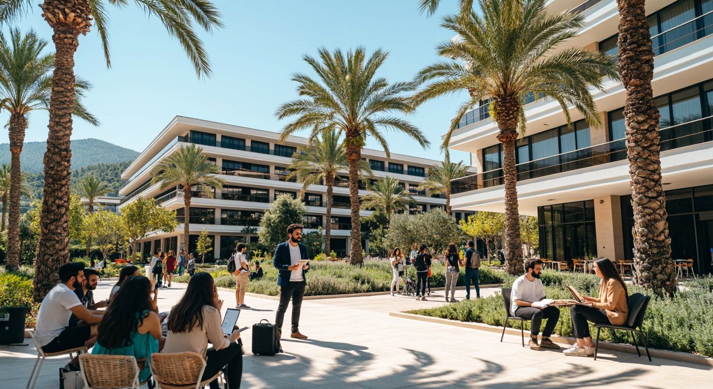A sunny campus in Alanya with modern university buildings, students discussing projects under palm trees, and a professor holding a sustainability award, reflecting both optimism and thoughtful critique.