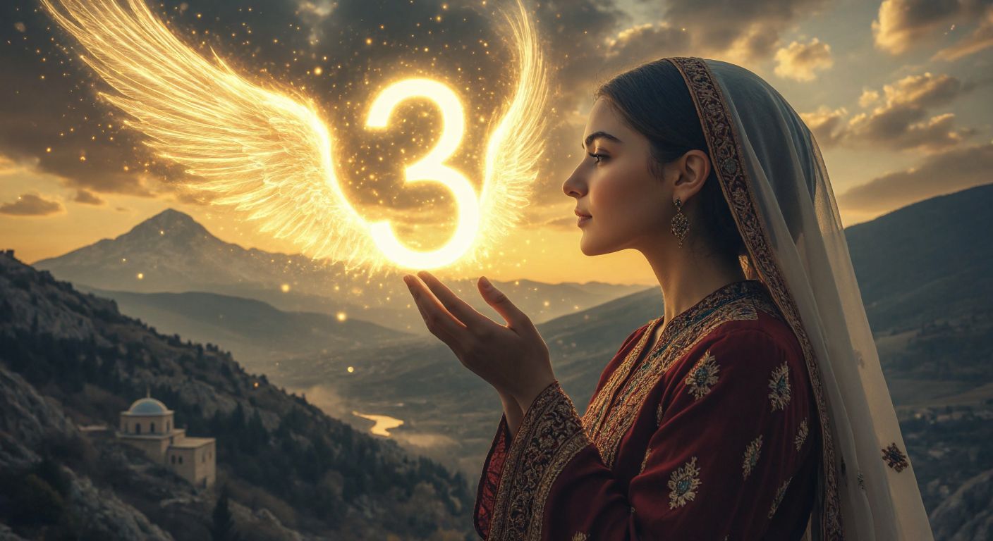 A serene Turkish woman in traditional clothing gazes at a glowing number floating in the air, surrounded by soft golden light and delicate angel wings, while a distant mountain landscape subtly reflects the number's mathematical significance.