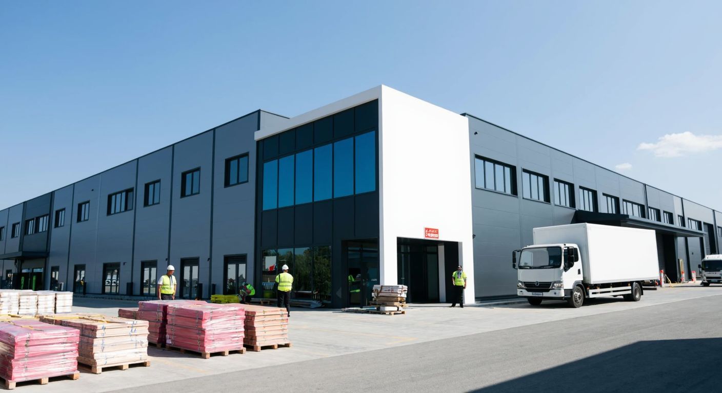 A modern industrial building in Tuzla, Istanbul, with a clean facade and a sign-free entrance, surrounded by neatly arranged construction materials and workers in safety gear discussing near a parked delivery truck.