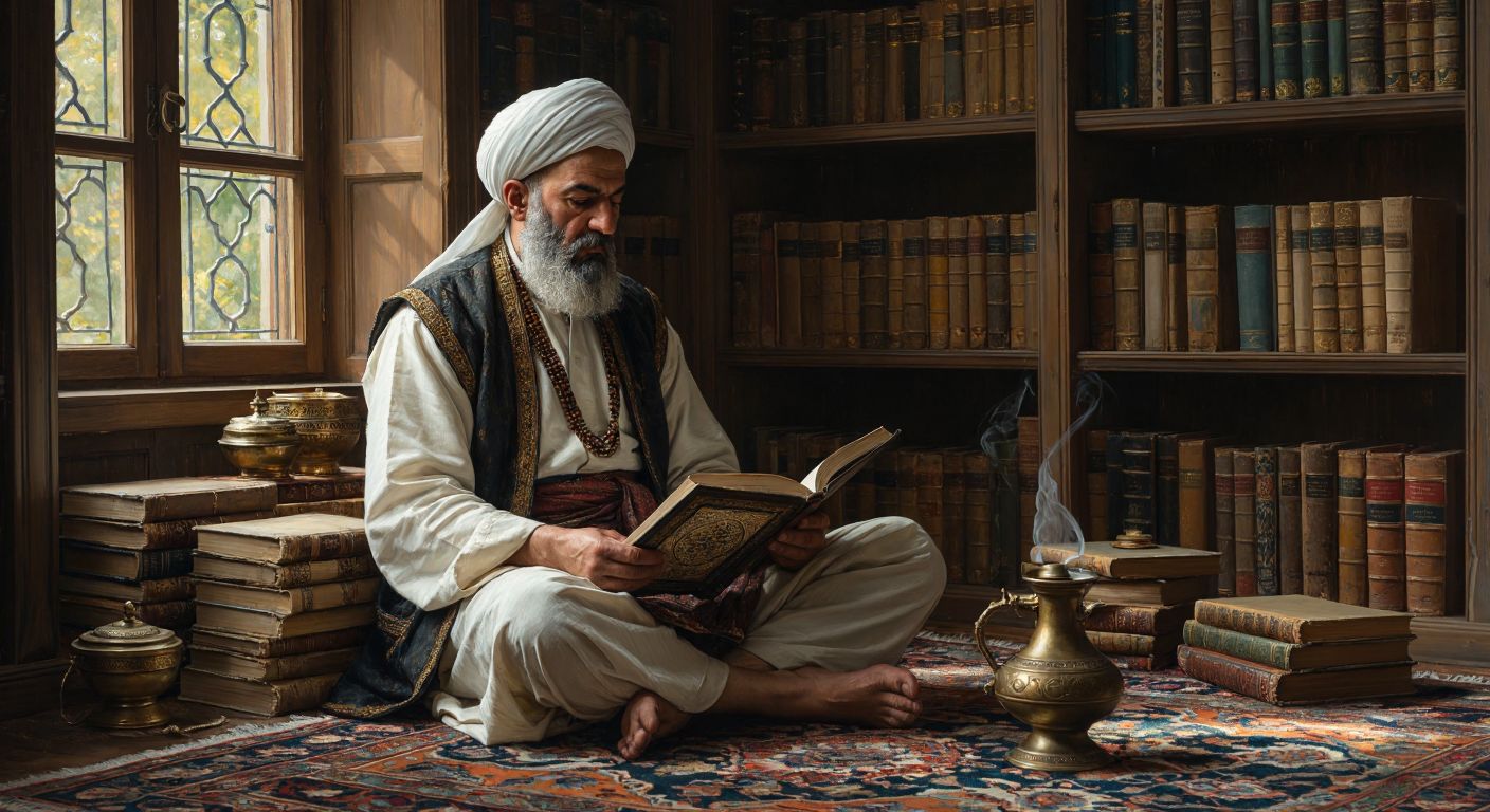 An elderly scholar in traditional Ottoman attire sits cross-legged on a patterned rug in a sunlit library, thoughtfully holding an ancient manuscript while surrounded by stacks of weathered books and a brass oil lamp.