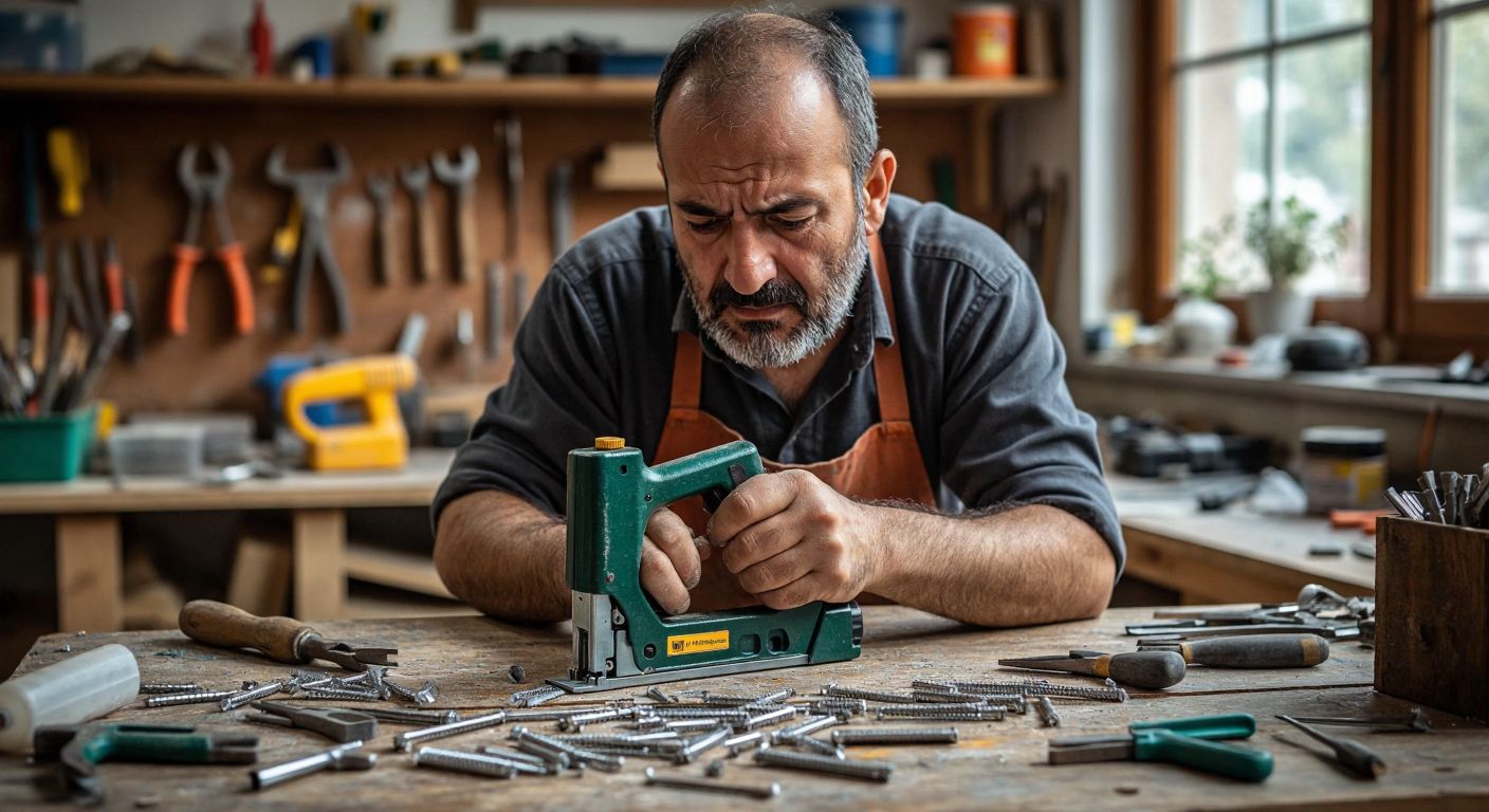 A craftsman in a Turkish workshop carefully tests a Mannesmann stapler on a wooden surface, surrounded by scattered staples and tools, with a thoughtful expression evaluating its performance.