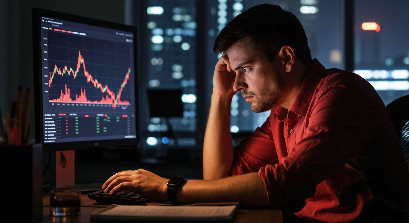 A tense trader in a dimly lit room stares at a volatile Bitcoin price chart on a monitor, gripping their desk with sweaty palms as a red downward arrow flashes ominously.