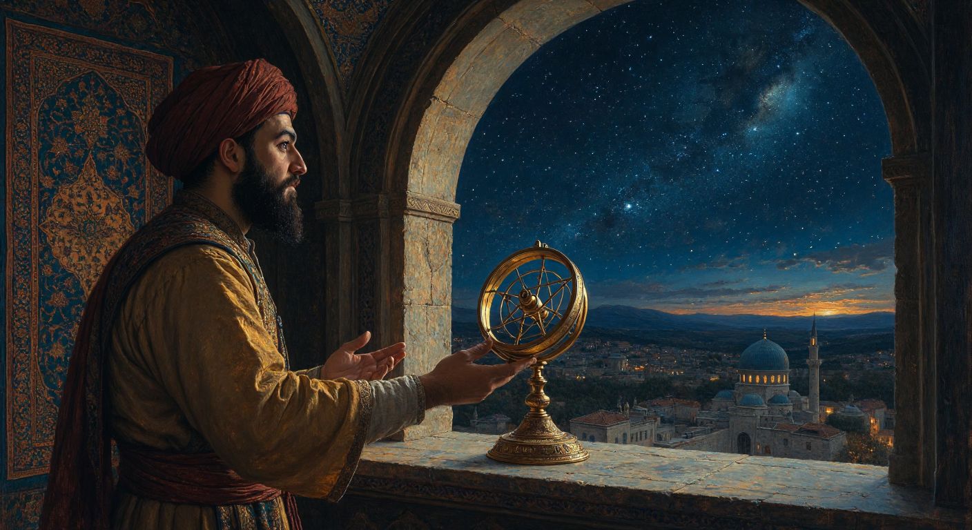 A medieval Turkish astronomer in a dimly lit observatory, carefully holding a brass astrolabe while gazing at a starry night sky through an arched window.
